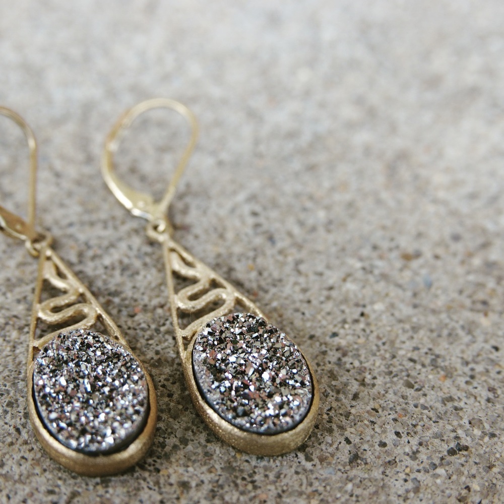 Matte Gold & Silver Druzy‎ Drop Snake Earrings